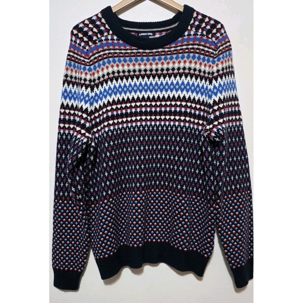 Lands' End Wool‎ Fair Isle Nordic Pattern Knit Crewneck Sweater Sz L Tall LT NEW